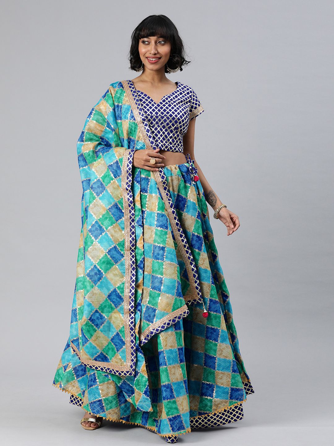 Geroo Jaipur Handcrafted Blue Kota Silk Stitched Lehenga With Dupatta Price in India