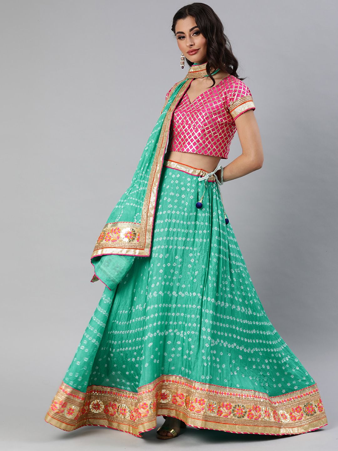 Geroo Jaipur Hand Dyed Bandhani Sea Green Silk Stitched Lehenga With Dupatta Price in India