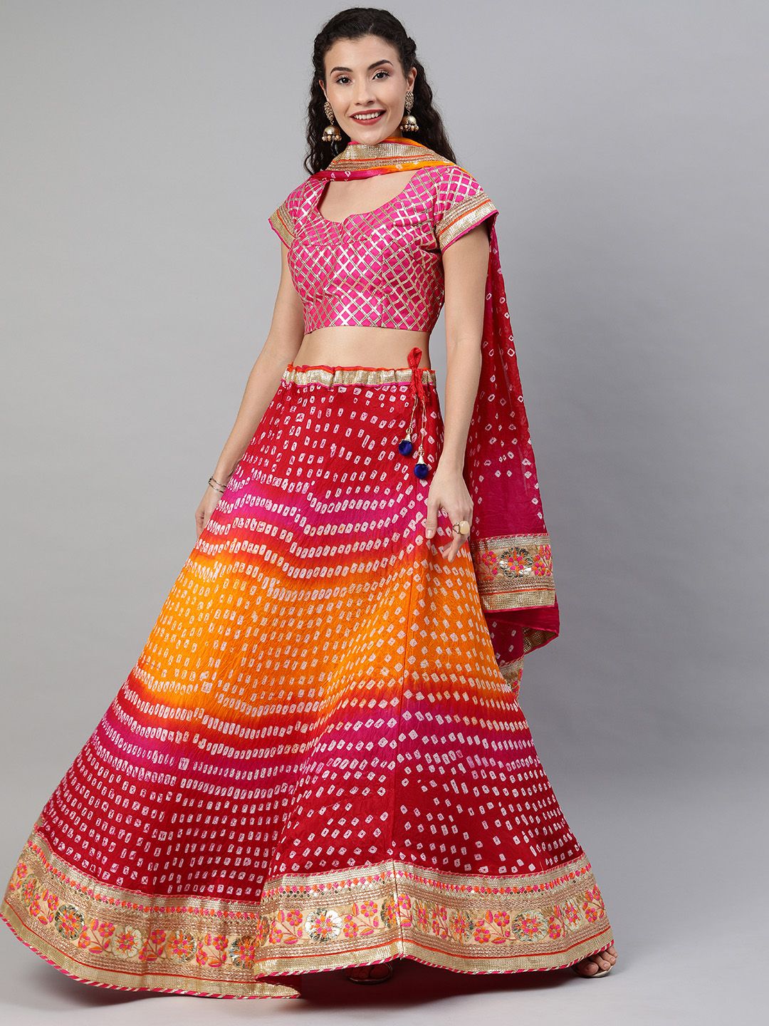 Geroo Jaipur Hand Dyed Multicolor Bandhani Silk Stitched Sustainable Lehenga With Dupatta Price in India