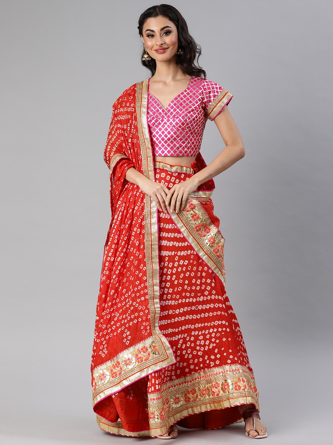 Geroo Jaipur Hand Dyed Bandhani Red Silk Stitched Lehenga With Dupatta Price in India