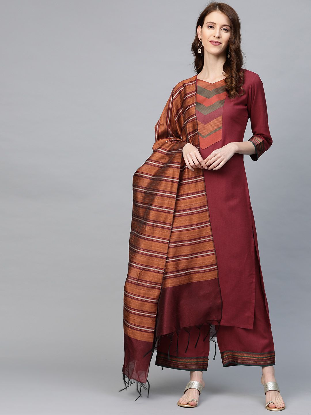 Indo Era Women Maroon & Orange Yoke Design Kurta with Palazzos & Dupatta