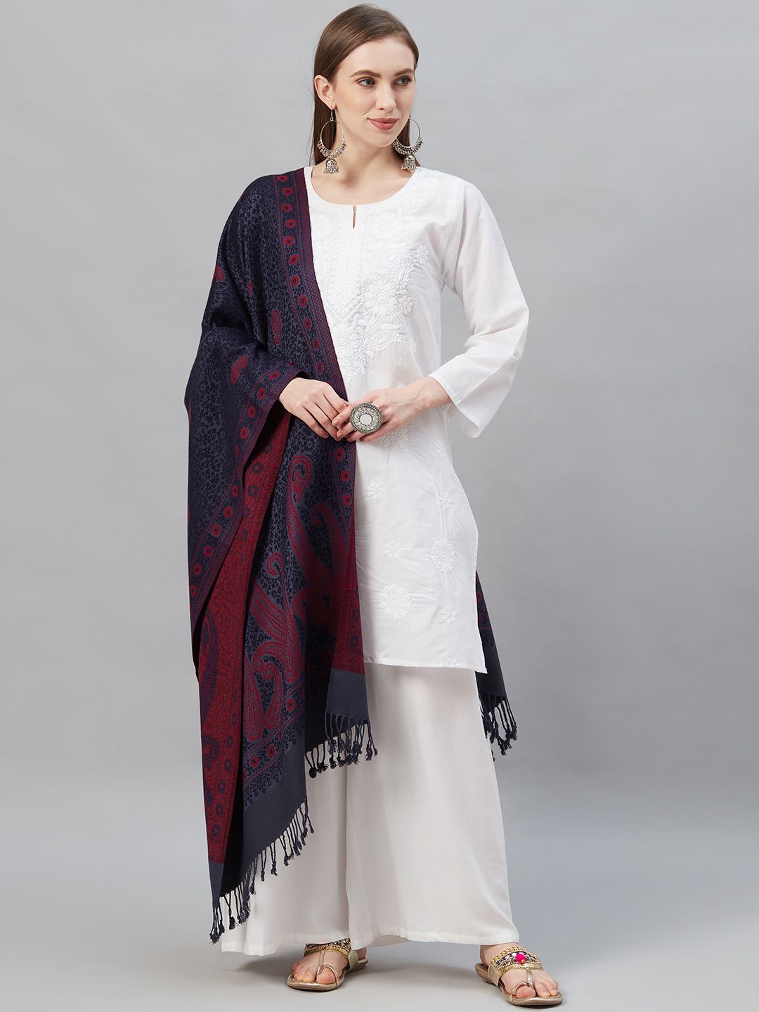 Indo Era Navy Blue & Maroon Woven Design Pashmina Silk Stole Price in India