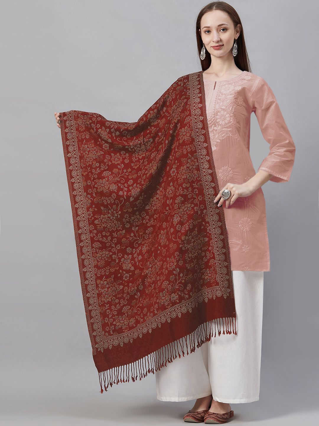 Indo Era Women Maroon & Beige Woven Design Winter Stole Price in India