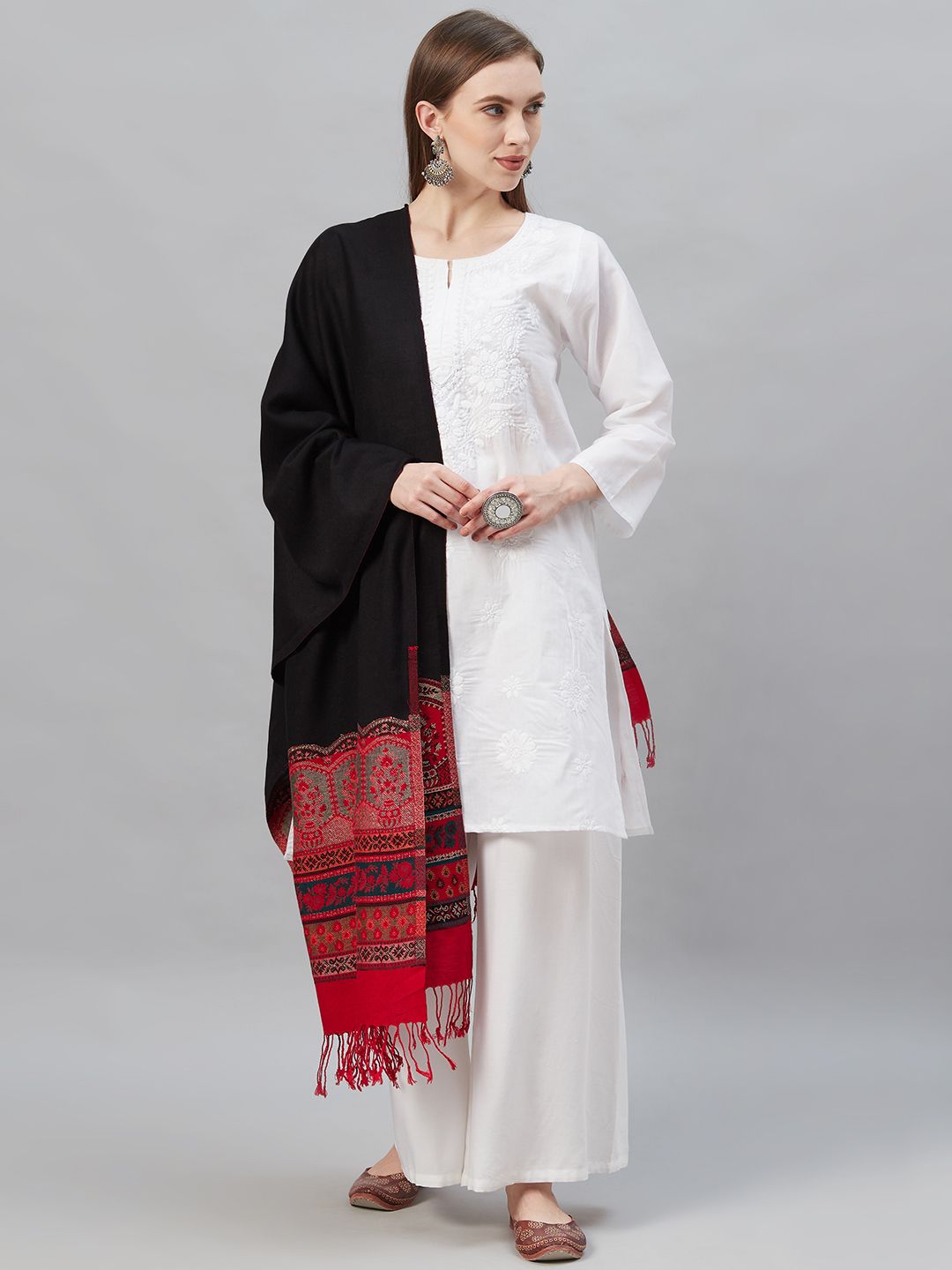 Indo Era Black & Red Woven Design Pashmina Silk Stole Price in India