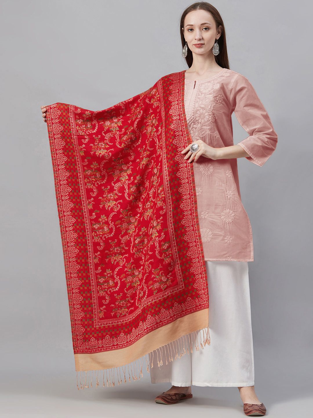 Indo Era Women Red & Beige Pashmina Silk Woven Design Stole Price in India