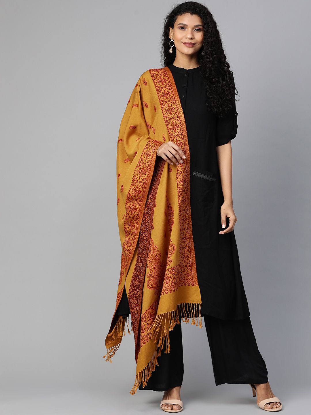 Indo Era Women Mustard Yellow & Maroon Woven Design Winter Stole Price in India