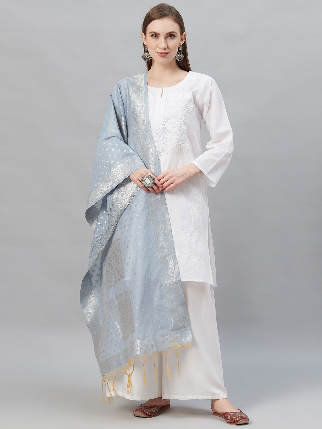 Indo Era Women Blue & Silver Woven Design Tasselled Dupatta Price in India