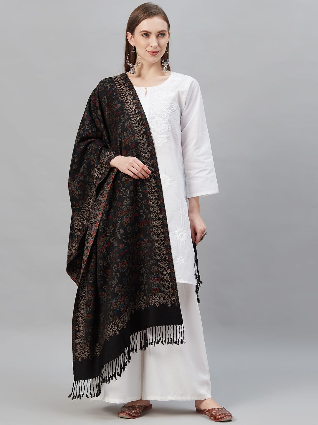 Indo Era Black & Grey Floral Woven Design Pashmina Silk Stole Price in India