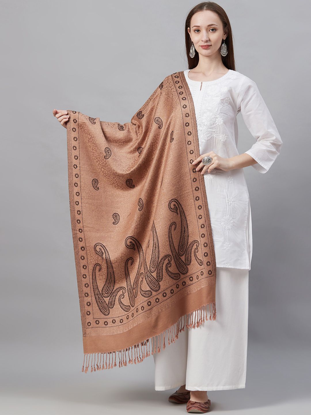 Indo Era Women Brown & Black Woven Design Pashmina Silk Stole Price in India