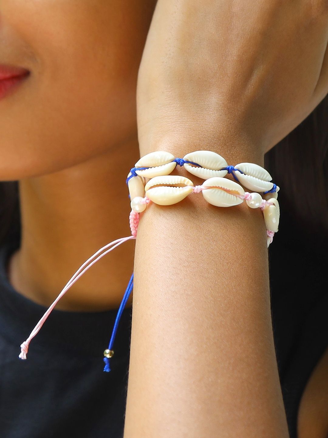 Ayesha Women Set Of 2 Blue And White Boho Sea Shell Bracelets Price in India