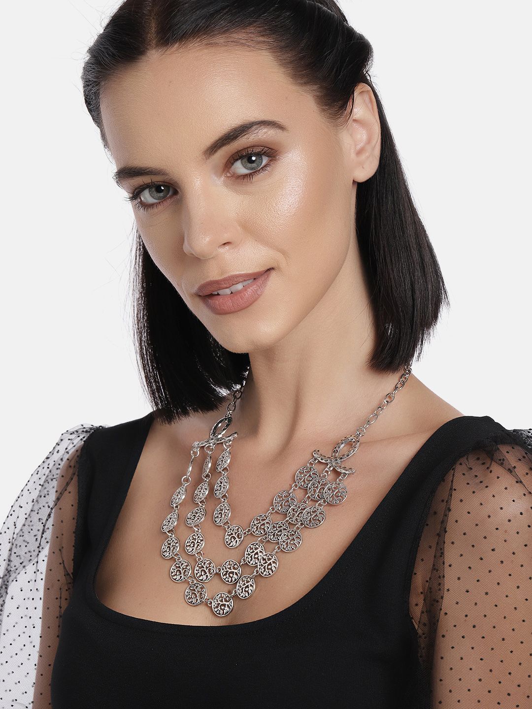 Ayesha Silver-Toned Ethnic Statement Oxidized Multilayered Necklace Price in India