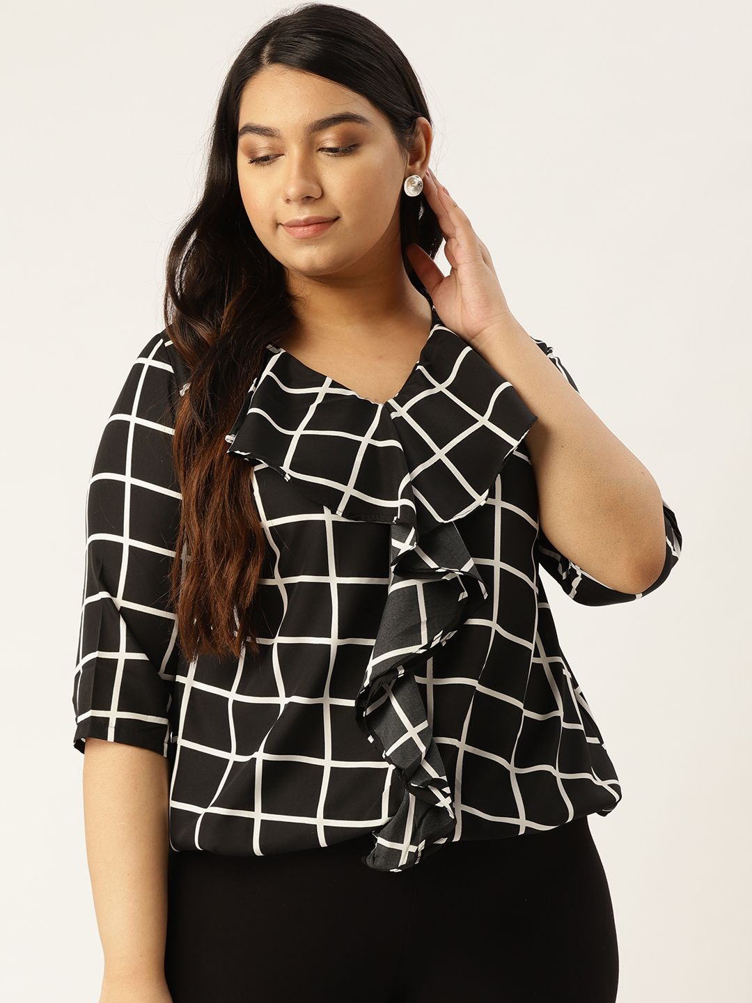 Revolution Black & White Checked Plus Size Ruffled Blouson Top