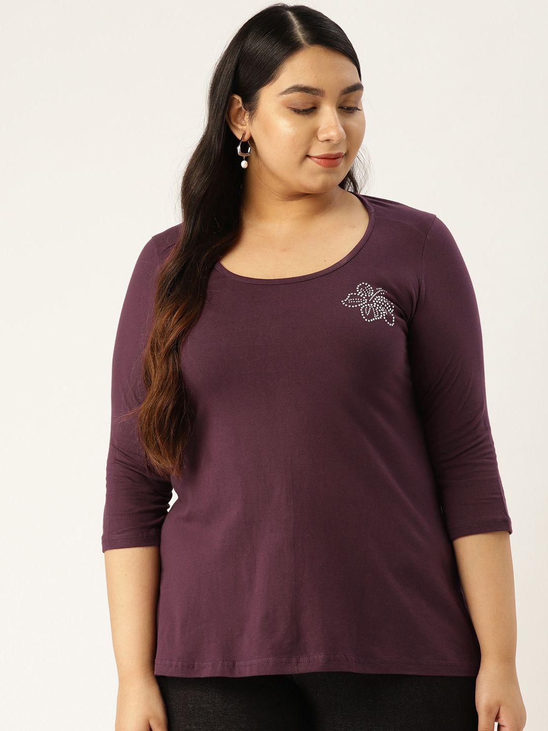 Revolution Women Purple Solid Scoop Neck Plus Size T-shirt