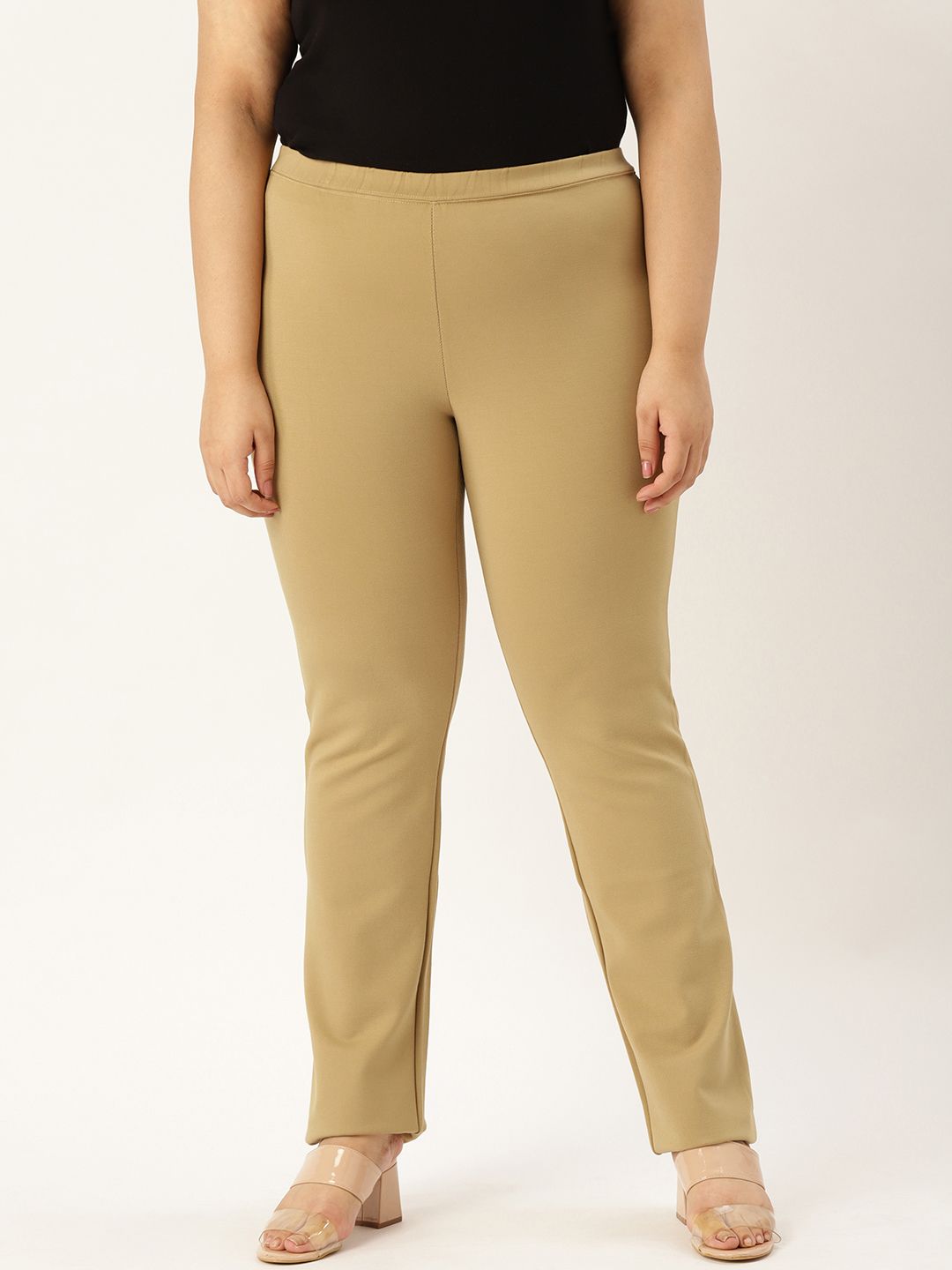 Revolution Women Khaki Straight Fit Solid Plus Size Formal Trousers