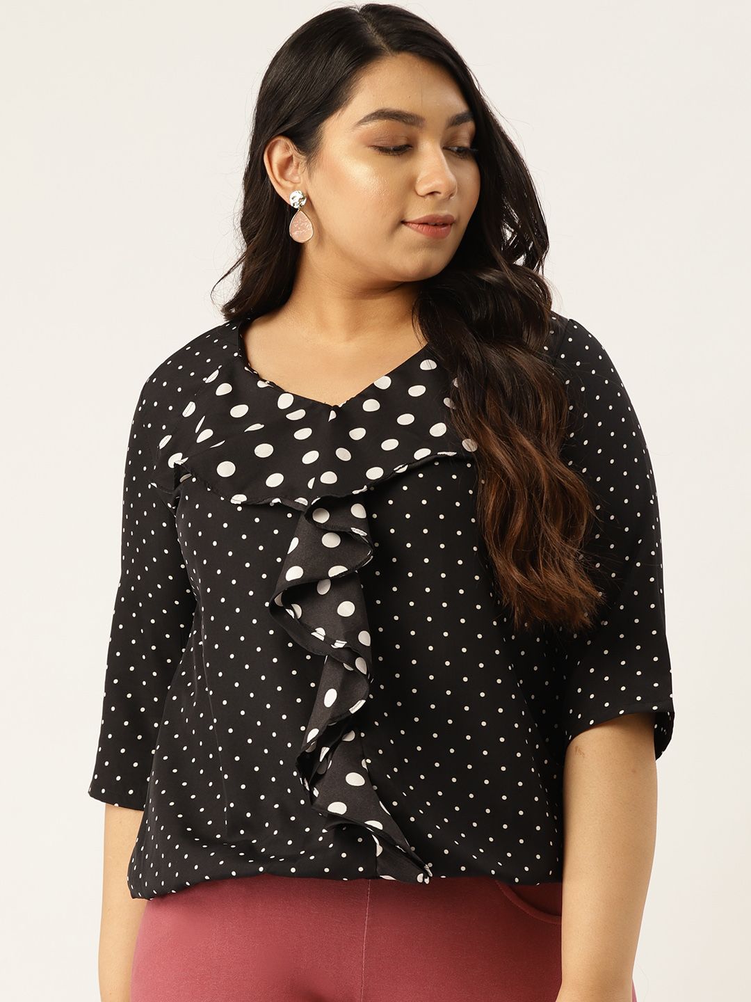 Revolution Women Black & White Plus Size Polka Dot Printed Ruffled Blouson Top