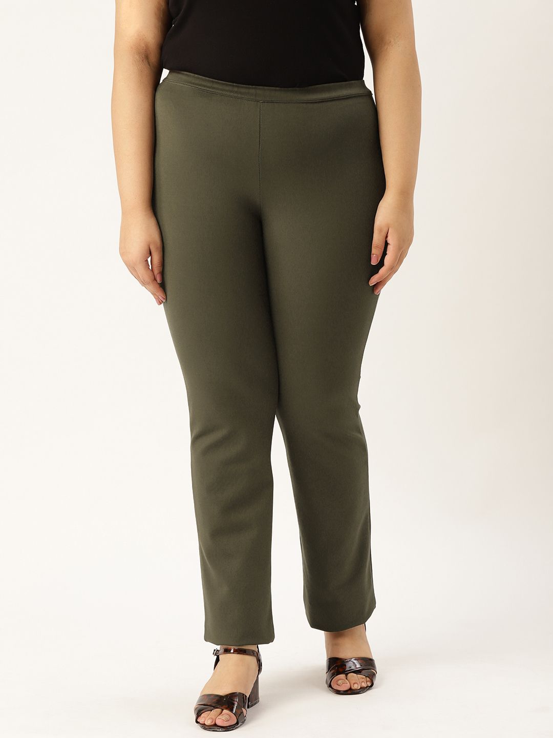 Revolution Women Olive Green Straight Fit Solid Plus Size Formal Trousers