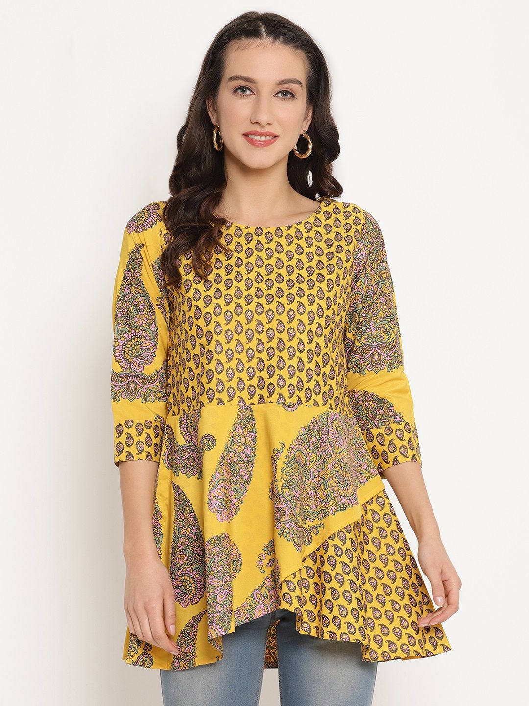 Ahalyaa Women Mustard Yellow & Pink Printed A-Line Tunic Price in India