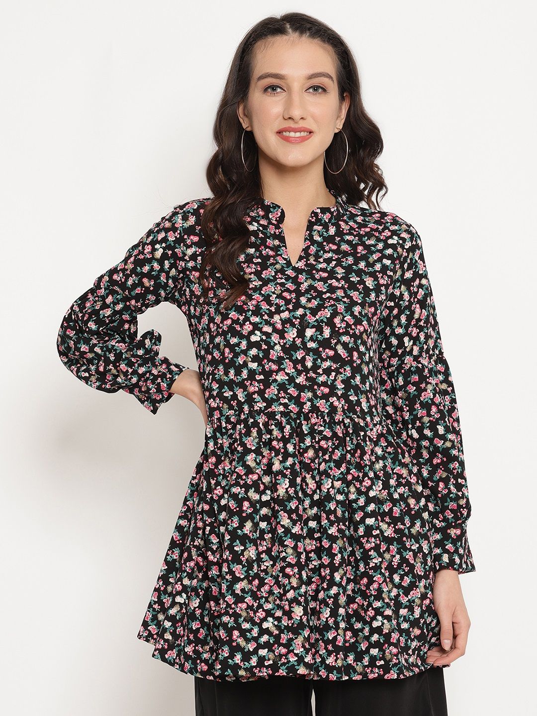 Ahalyaa Women Black & Pink Floral Print Tunic Price in India