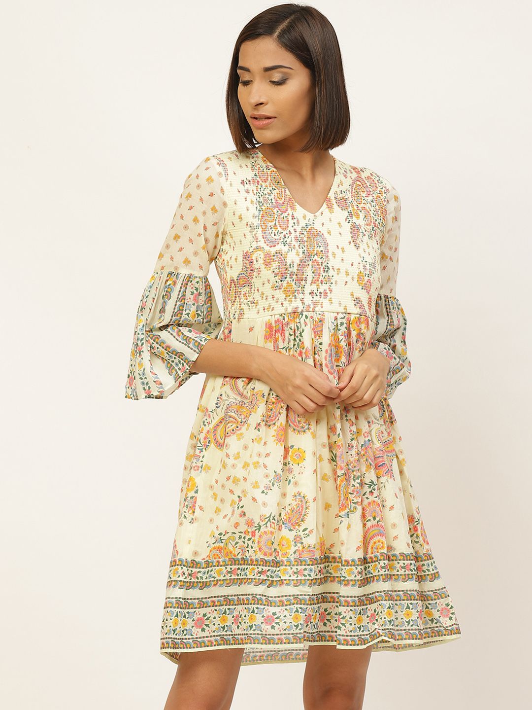 Label Ritu Kumar Women Off-White & Mustard Yellow Printed A-Line Dress