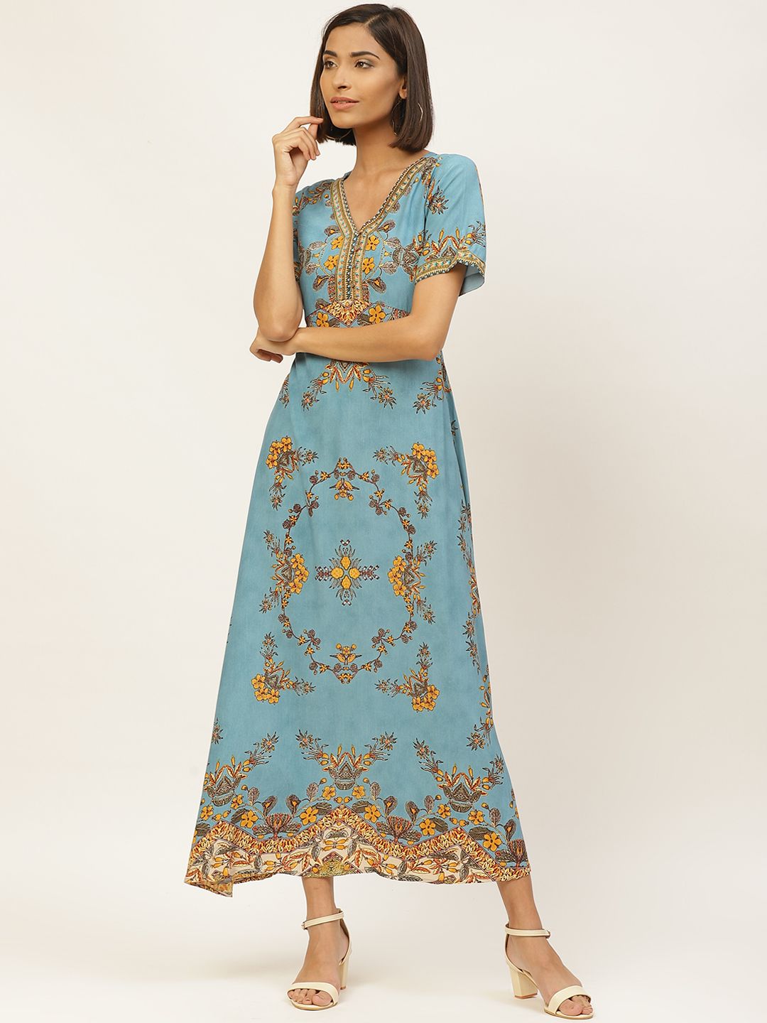 Label Ritu Kumar Women Blue & Mustard Yellow Floral Printed Maxi Dress