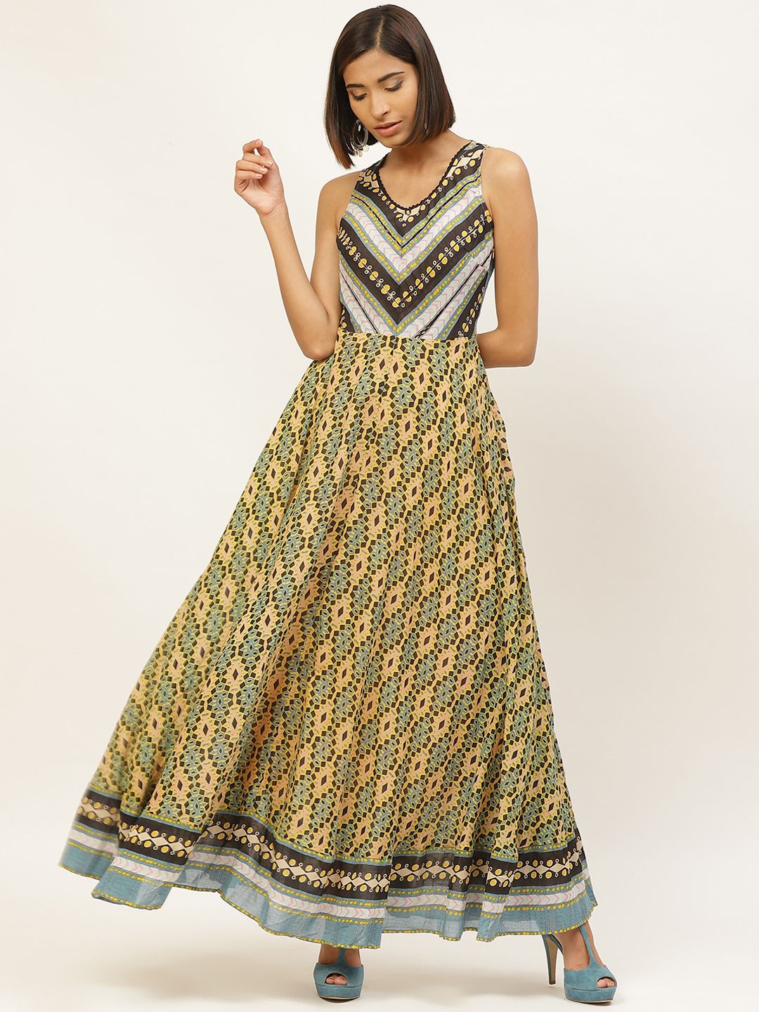 Label Ritu Kumar Women Yellow & Blue Printed Maxi Dress