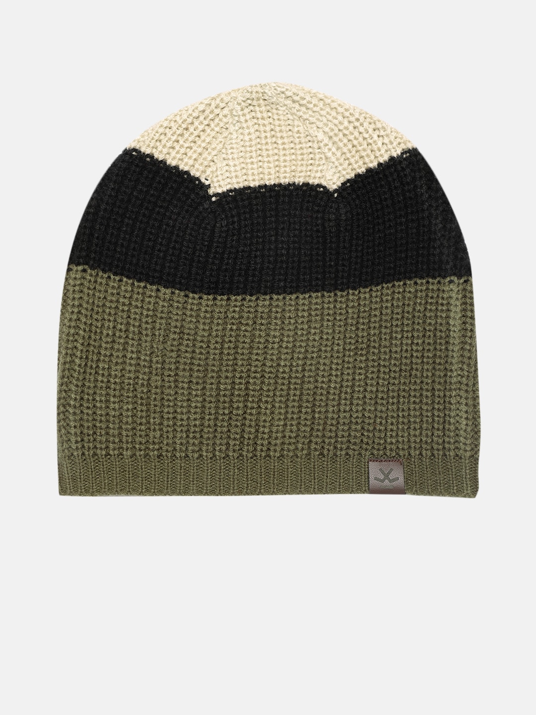 WROGN Unisex Olive Green & Black Colourblocked Acrylic Beanie Price in India