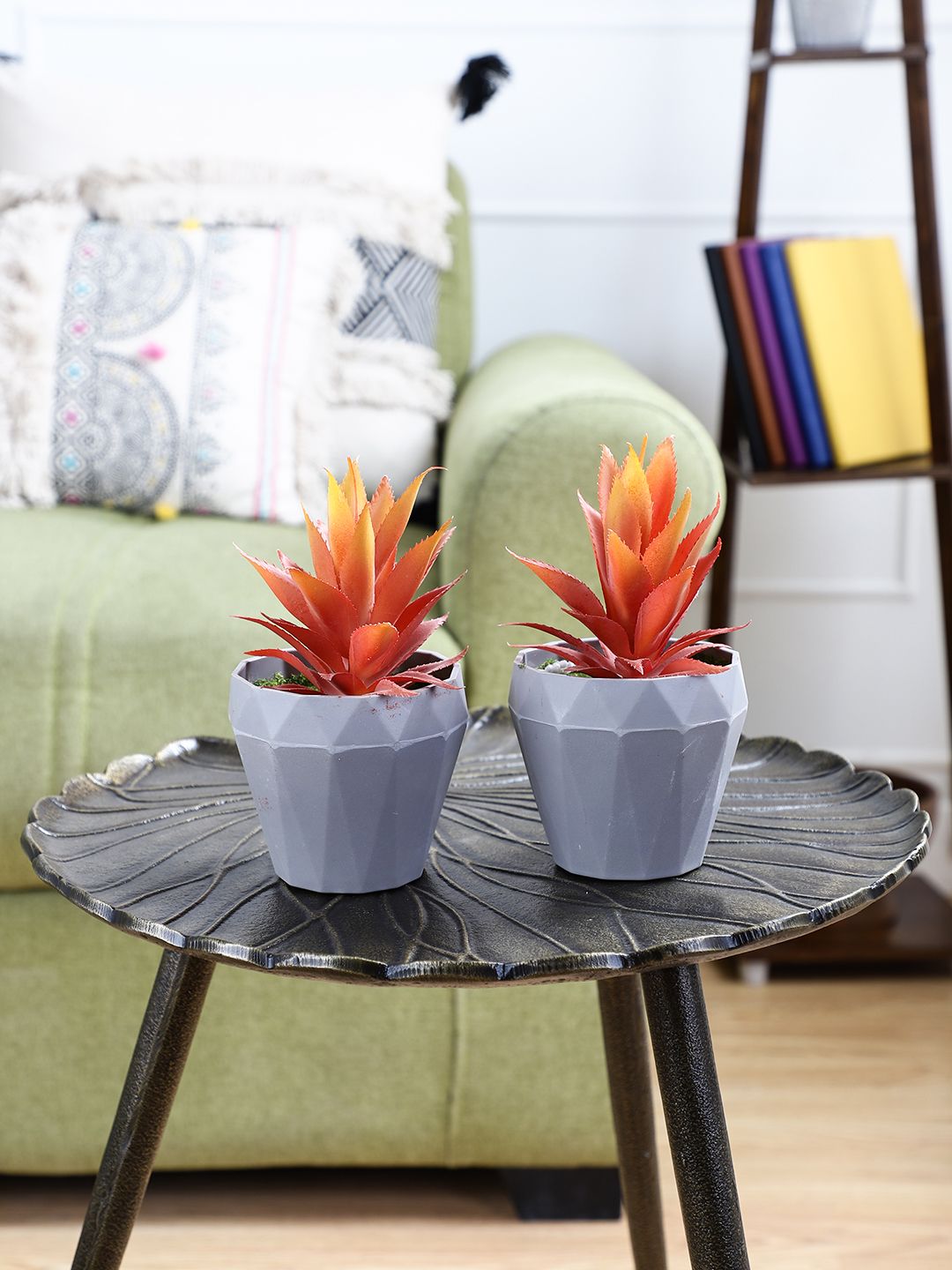 OddCroft Set Of 2 Orange Artificial Aloe Vera Plants With Grey Pots Price in India