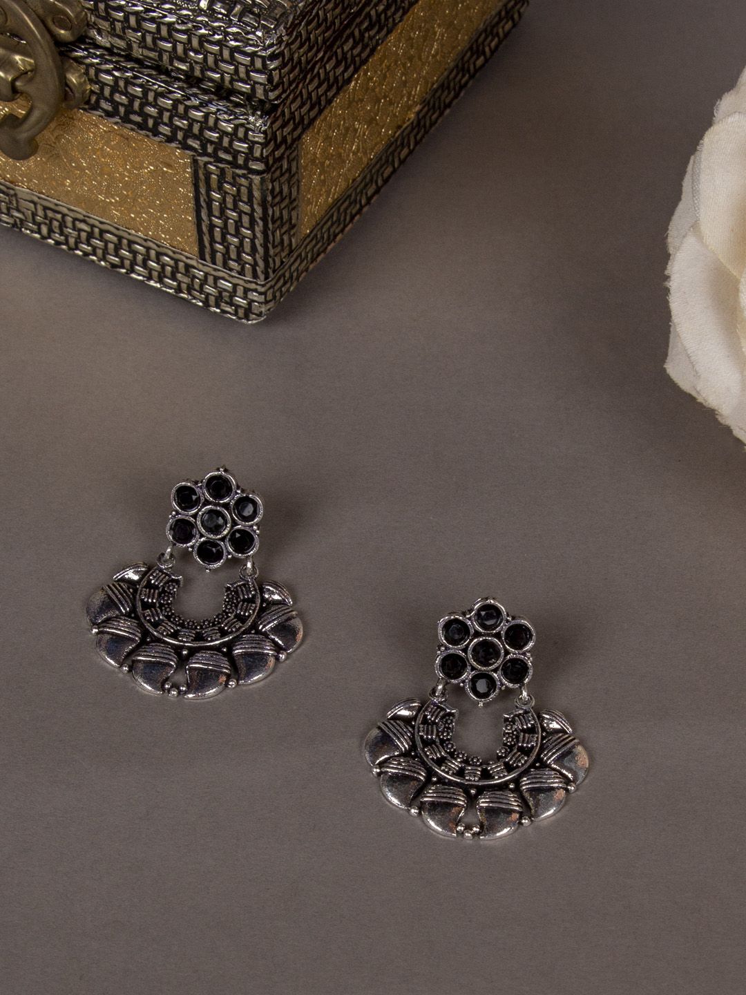 AccessHer Silver-Toned & Black Contemporary Studs Price in India