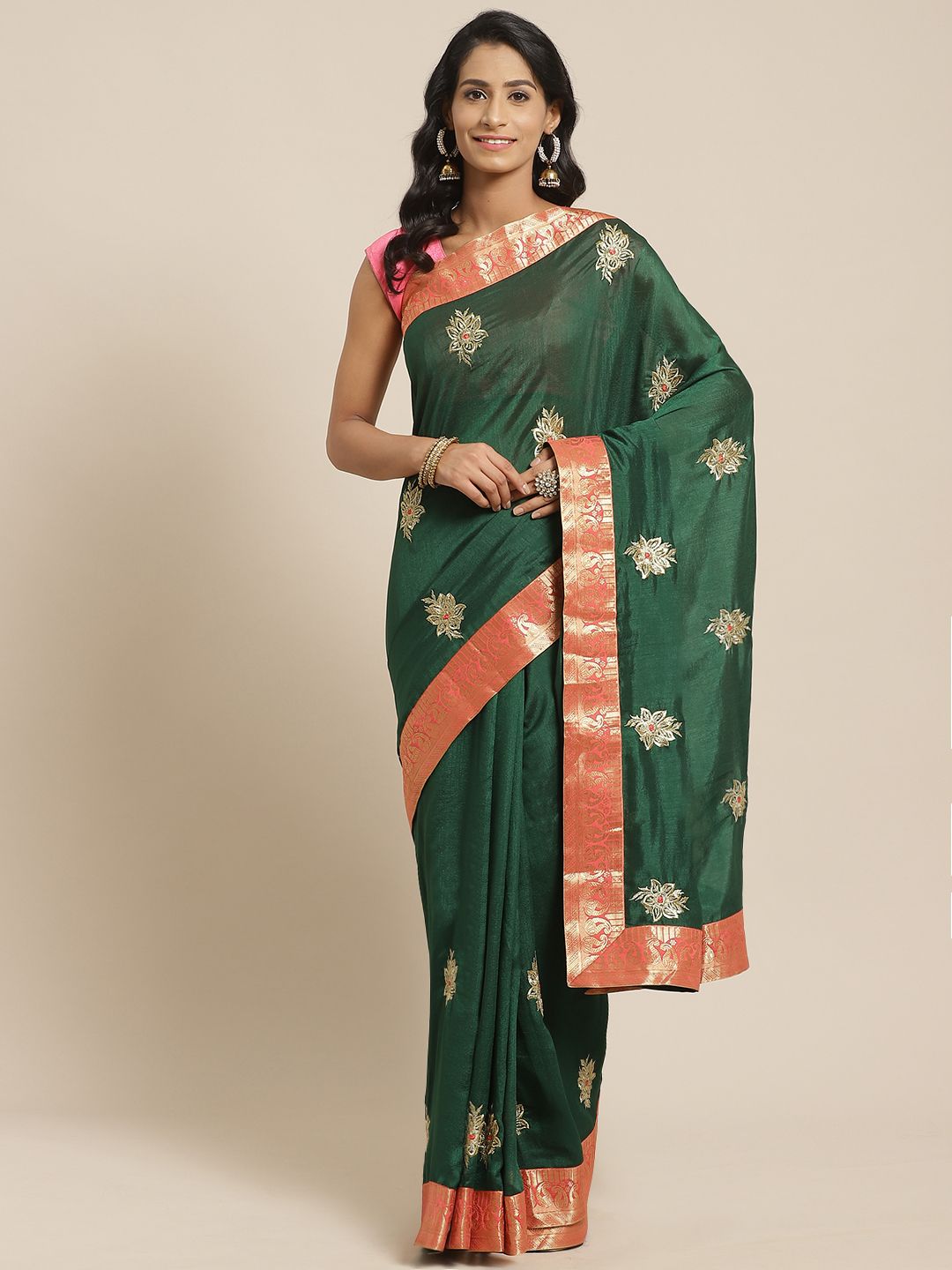 Kalista Green & Golden Embroidered Saree