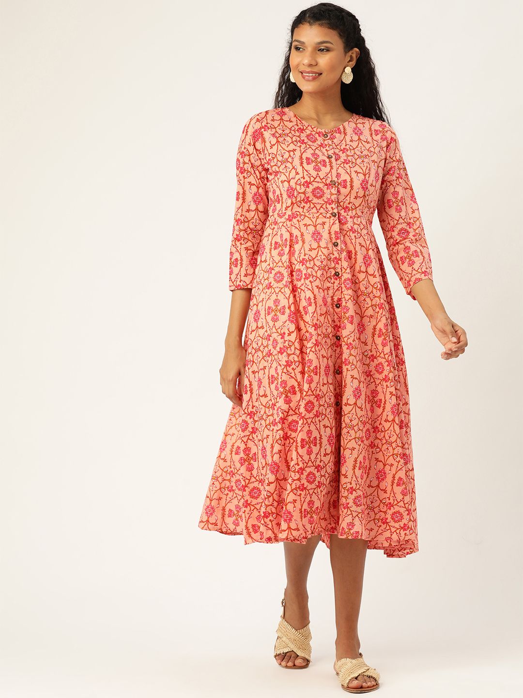 Shae by SASSAFRAS Women Peach-Coloured Printed A-Line Dress Price in India