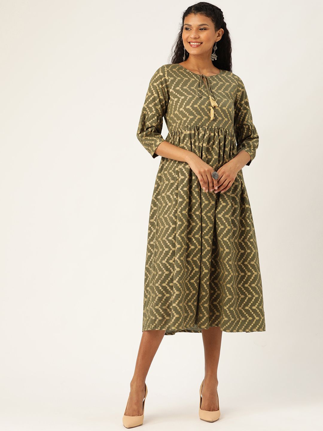 Shae by SASSAFRAS Women Olive Green & Golden Chevron Printed A-Line Dress Price in India