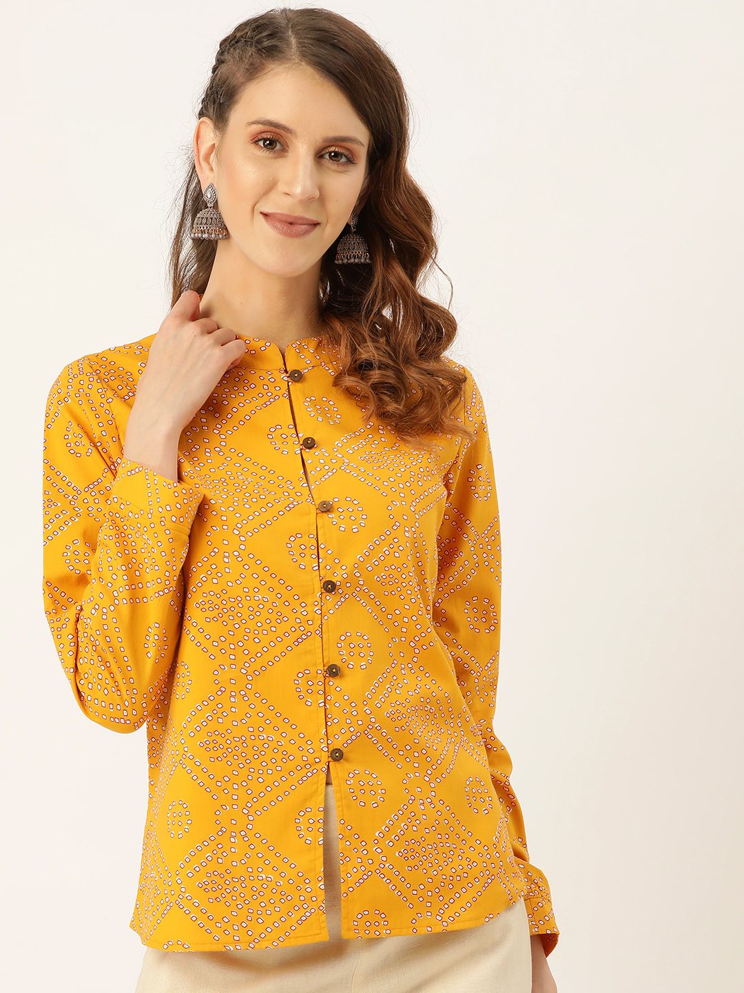 Shae by SASSAFRAS Women Mustard Yellow & Off-White Bandhej Print Ethnic Jacket Price in India