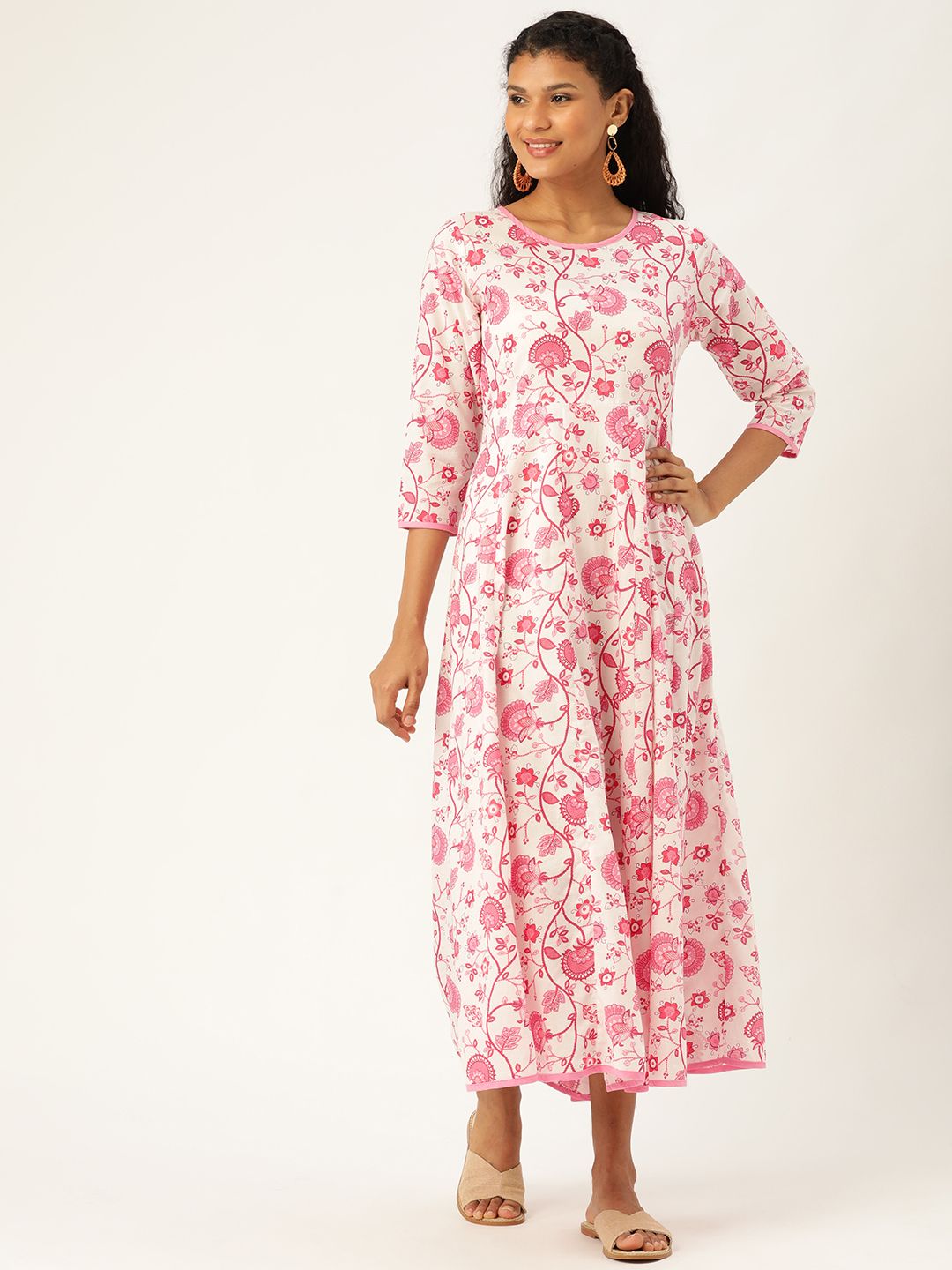 Shae by SASSAFRAS Women White & Pink Printed A-line Dress Price in India