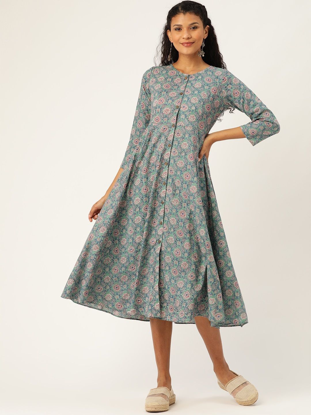 Shae by SASSAFRAS Women Green & Pink Ethnic Print A-Line Dress Price in India