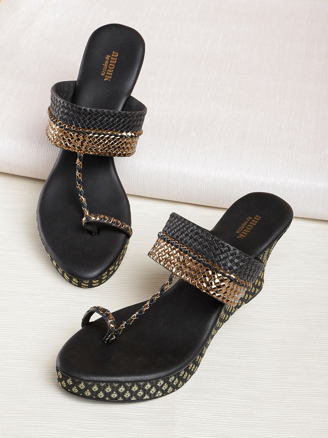 Anouk Women Black & Gold-Toned Braided One-Toe Wedges with Woven Design Detail Price in India