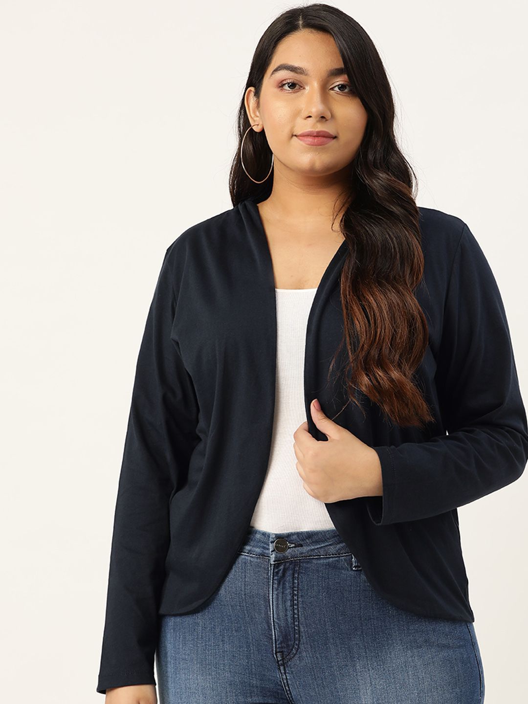 Rute Women Navy Blue Solid Plus Size Open Front Shrug Price in India