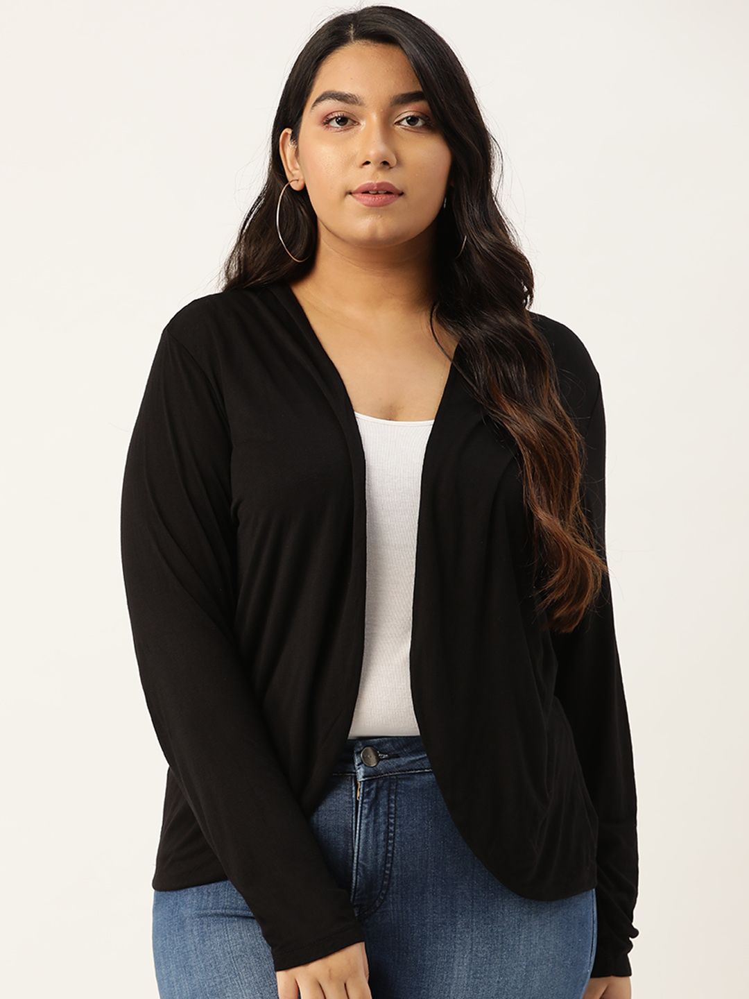 Rute Women Black Solid Plus Size Open Front Shrug Price in India