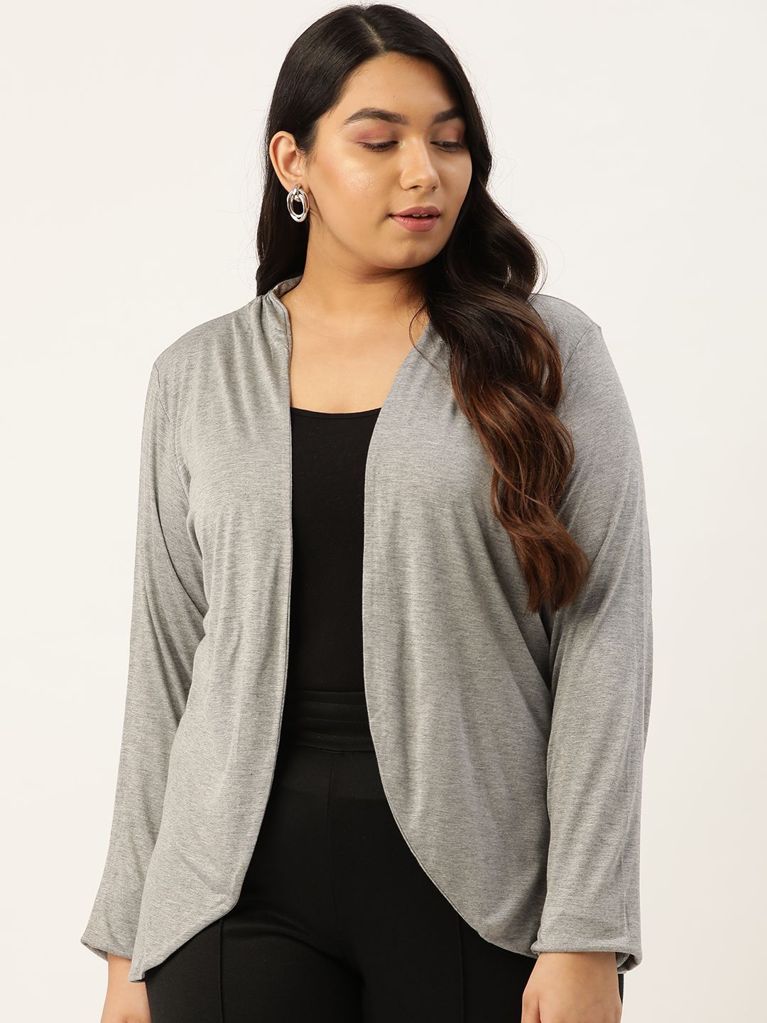 Rute Women Grey Melange Solid Plus Size Open Front Shrug Price in India
