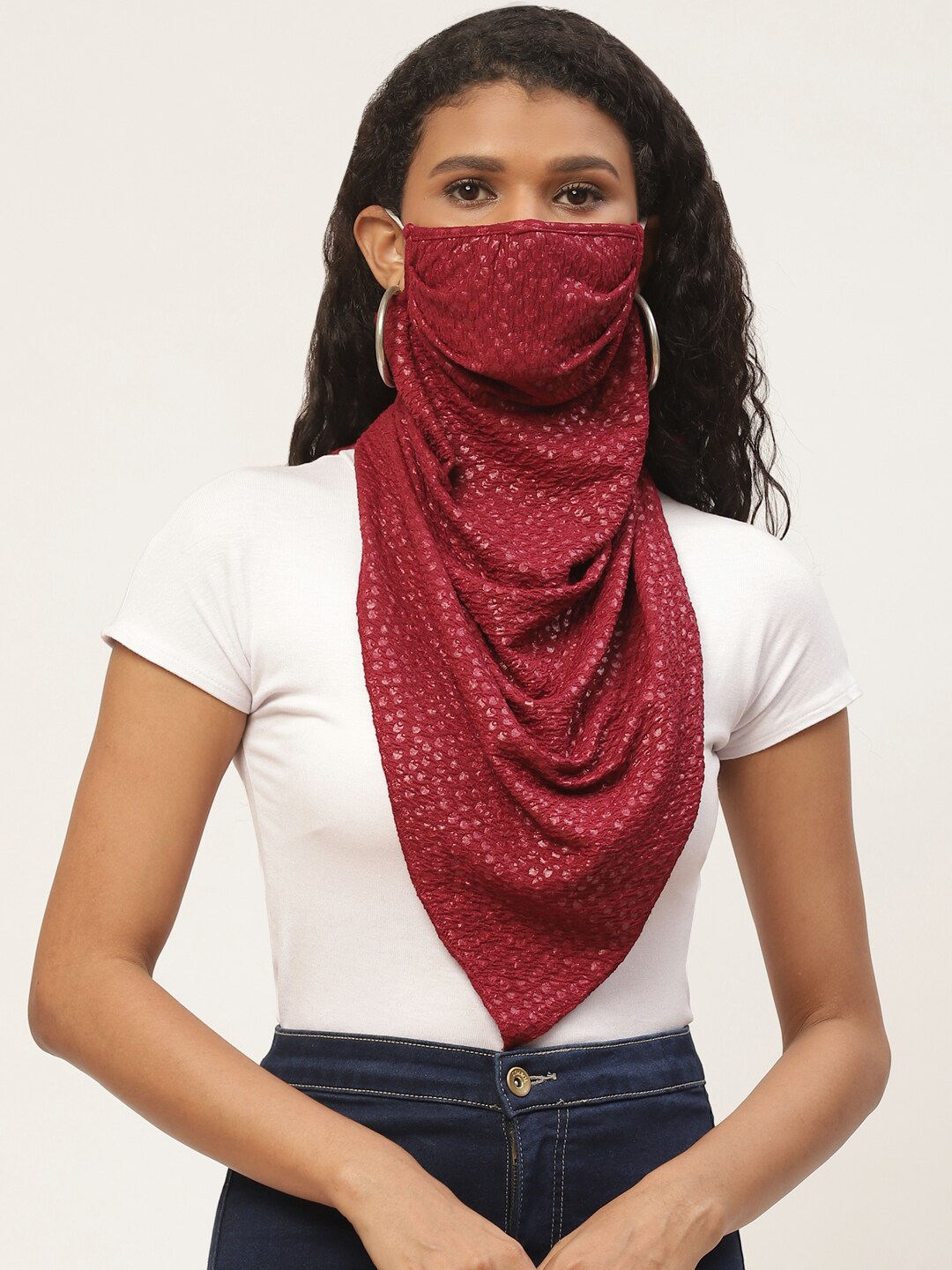 Blueberry Women Maroon & Off-White Self Design Re-Usable Scarf Face Mask Price in India