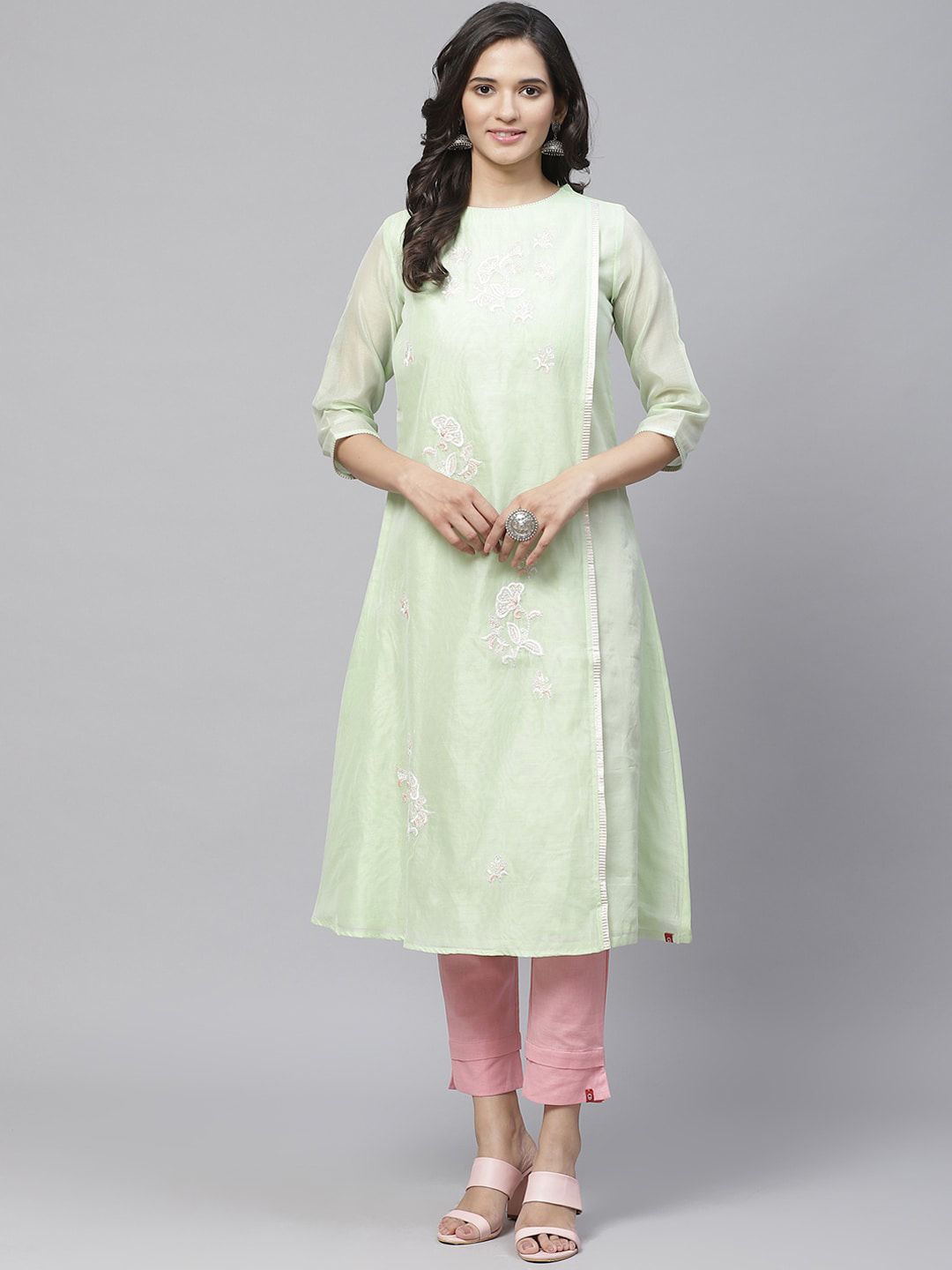 Biba Women Sea Green & White Embroidered A-Line Kurta