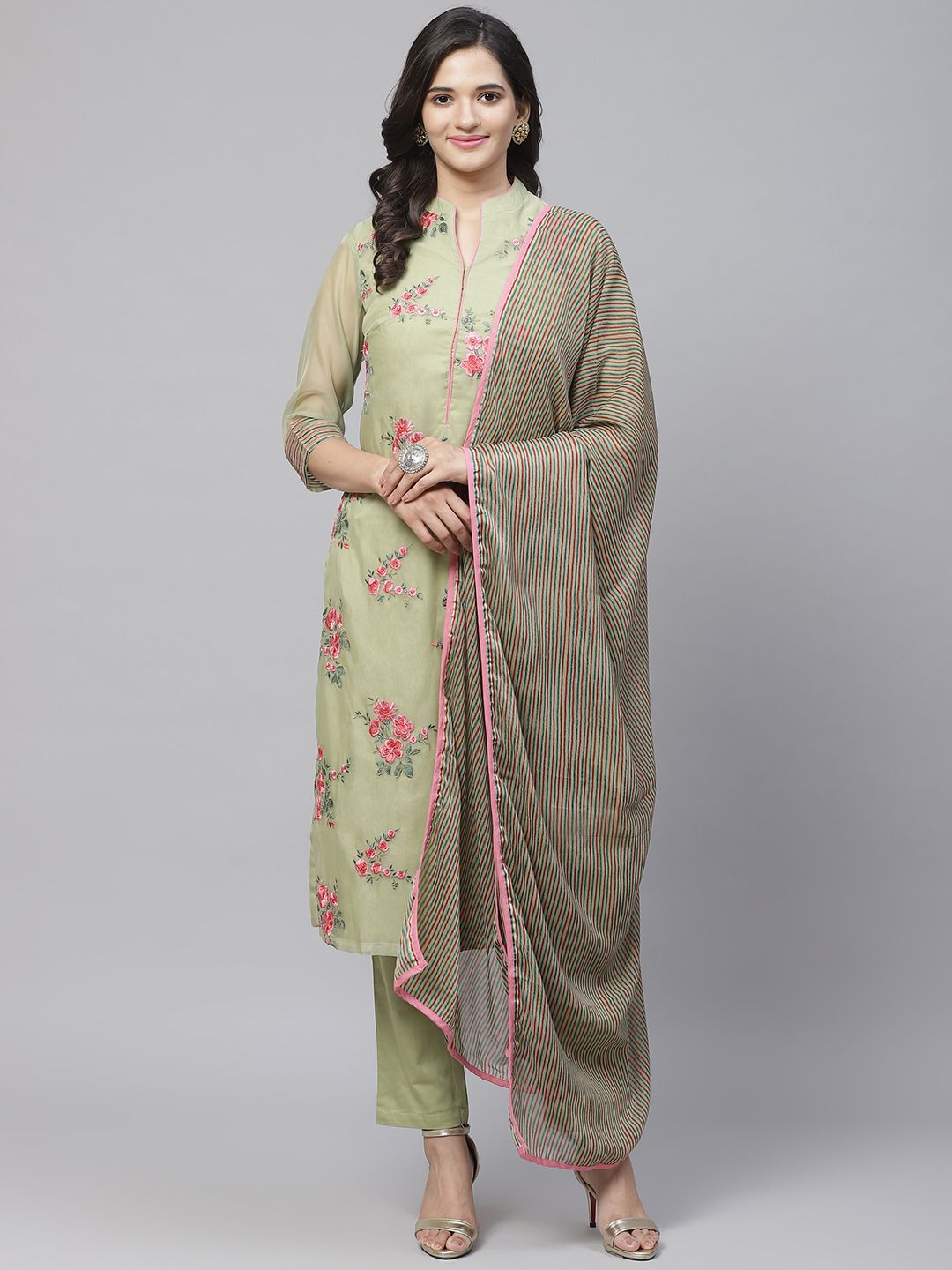 Biba Women Green & Pink Floral Embroidered Kurta with Trousers & Dupatta