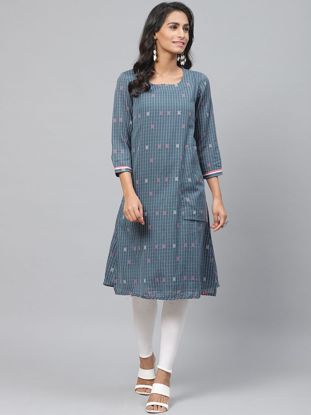 Biba Women Blue & White Checked A-Line Kurta