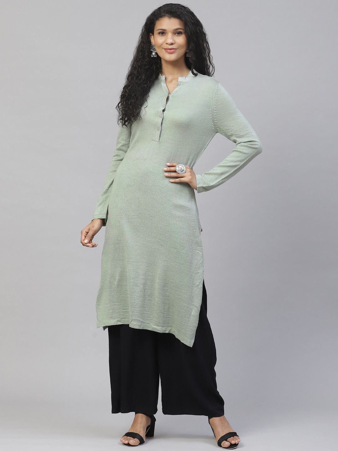 Biba Women Sea Green Solid Straight Winter Kurta