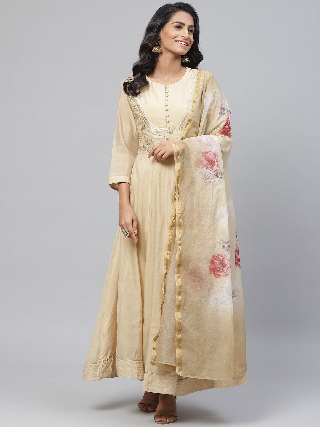 Biba Women Beige Solid Kurta with Churidar & Dupatta