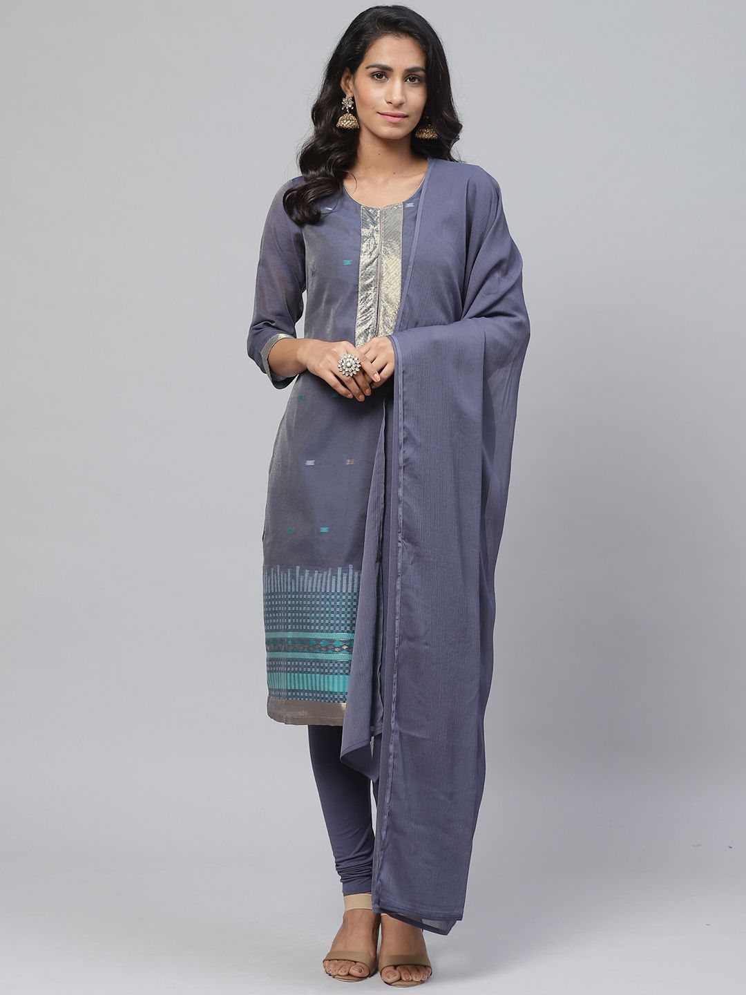 Biba Women Navy Blue & Sea Green Woven Design Kurta with Churidar & Dupatta