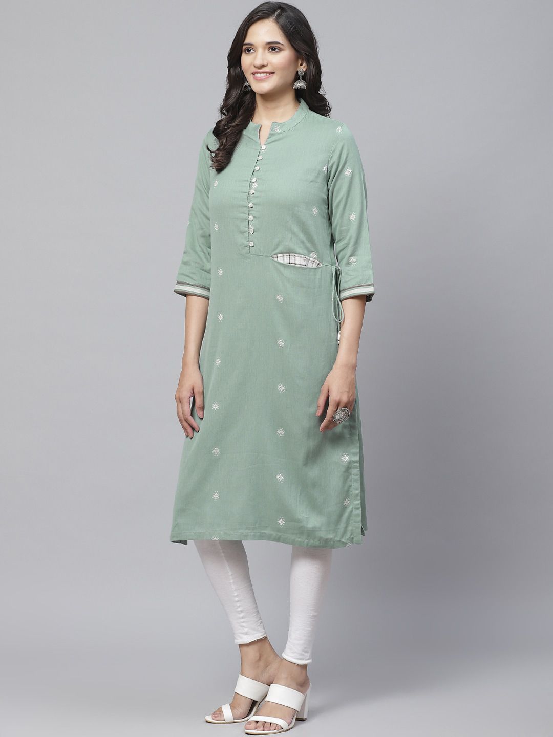 Biba Women Green & White Woven Design Straight Kurta