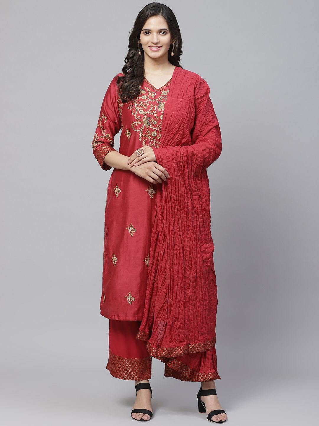 Biba Women Maroon & Golden Embroidered Kurta with Palazzos & Dupatta