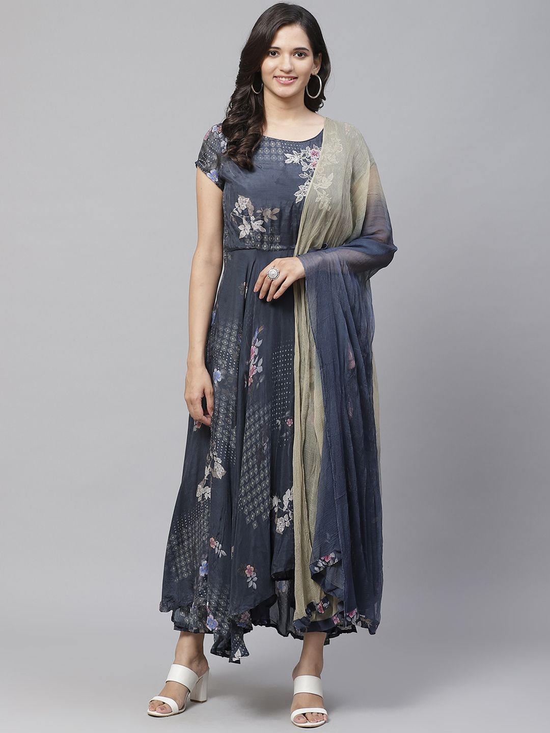 Biba Women Blue & Beige Printed Asymmetric Kurta with Trousers & Dupatta