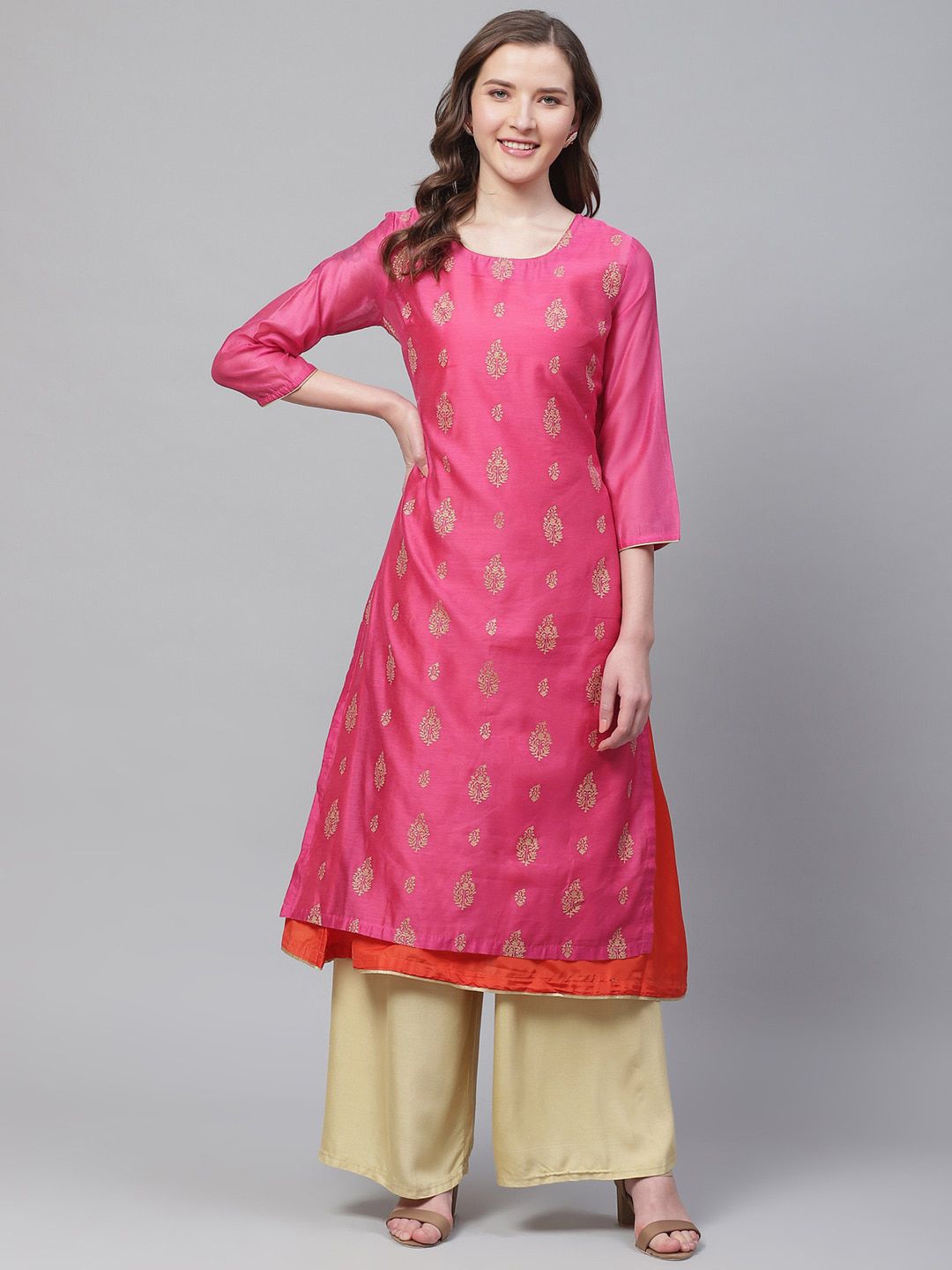 Biba Women Pink & Golden Printed Layered A-Line Kurta