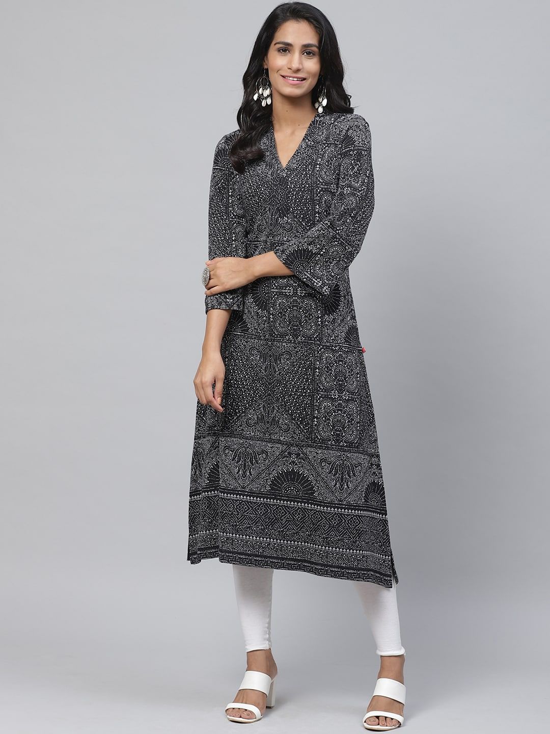 Biba Women Black & White Printed A-Line Winter Kurta